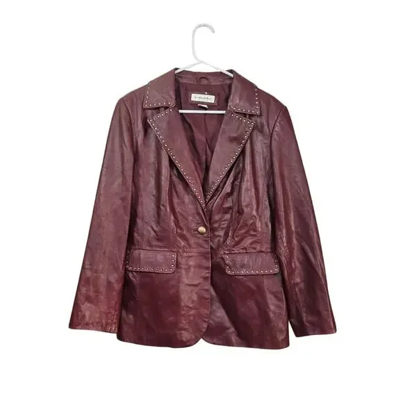 VTG 90s Preston & York Soft Leather Lambskin Maroon Studded Jacket Size Large - Picture 1 of 7